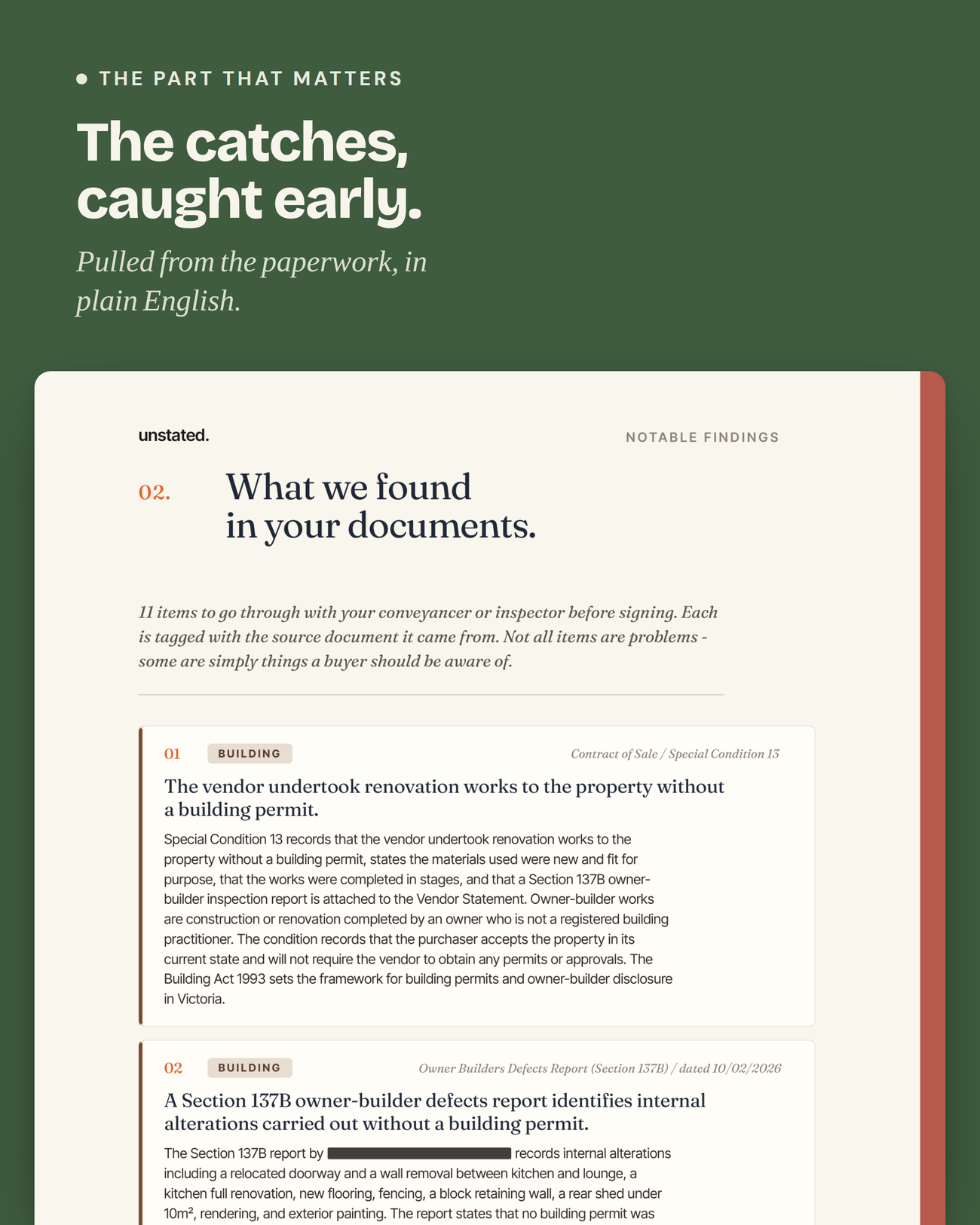 Notable findings: issues pulled from the paperwork in plain English
