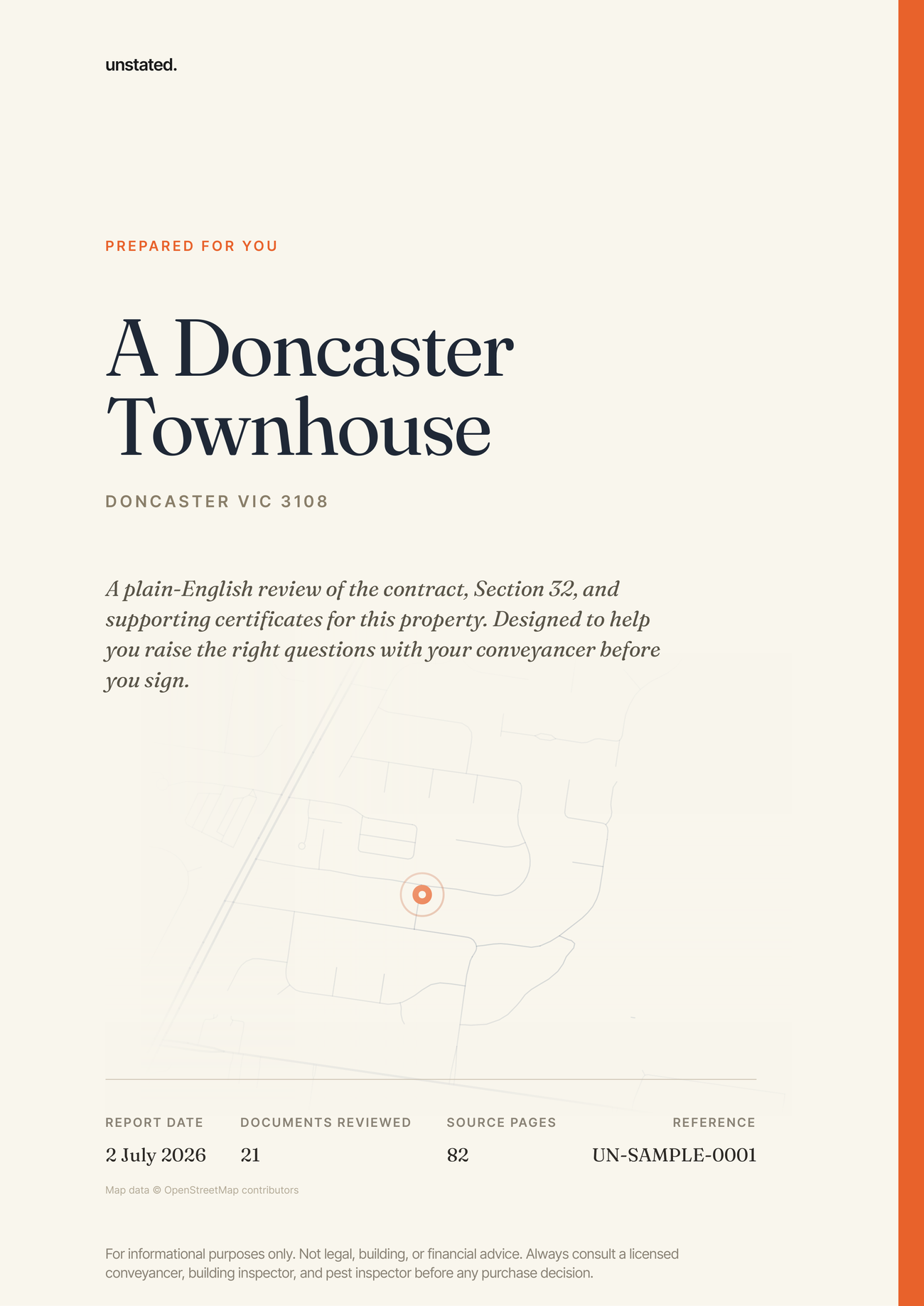 The front page of a sample Unstated report for a Doncaster property, showing the address, report date, documents reviewed and a street map.